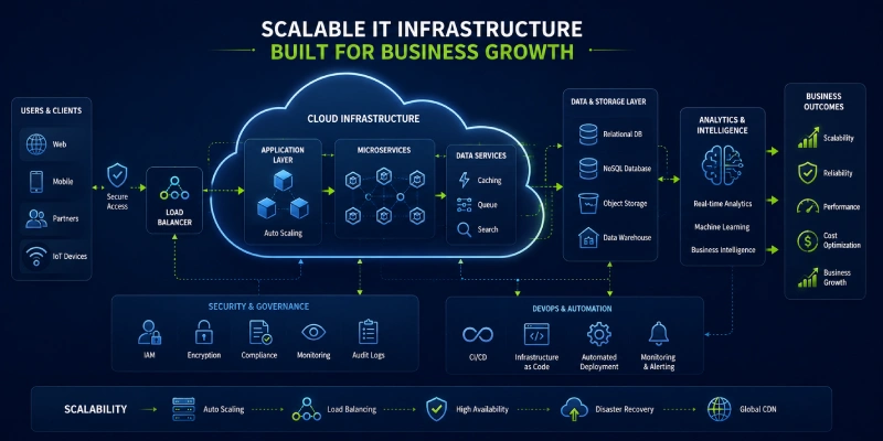 Scalable IT infrastructure diagram showing interconnected cloud systems and data networks supporting business growth